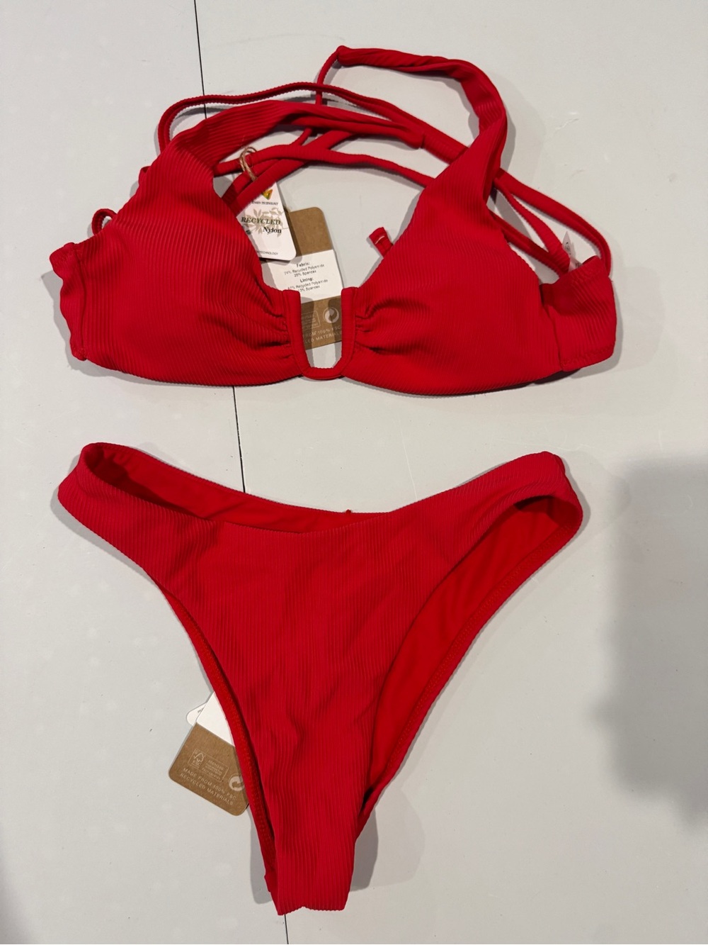 Red Ribbed Strappy Bikini Set - Women